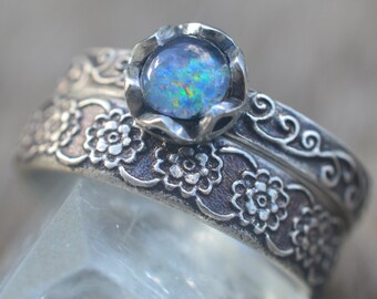 Opal Bridal Set, Gothic Swirl Engagement Ring, Crysanthemum Wildflower Wedding Band