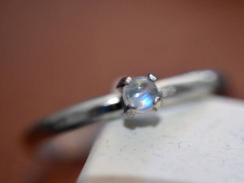 Rainbow Moonstone Ring Personalised Sterling Silver Custom Engraved Band Simple Promise Ring 3mm Natural Gemstone Cabochon