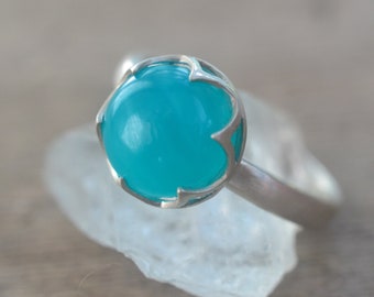 Amazonite Ring, Bezel Set 10mm Natural Aqua Stone, Large Round Crystal Cabochon, Recycled 925 Sterling Silver Cocktail Jewellery