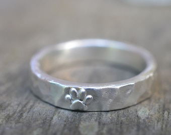 Paw Print Ring, Personalised 4mm Hammered Silver Band, Custom Engraved Jewellery, Animal Lovers Gift