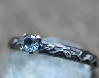 Sky Blue Topaz Engagement Ring, Faceted Crystal, Oxidised Silver Art Nouveau Style Vine Leaf Design, Artisan Jewellery