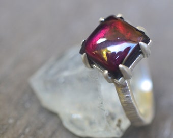 Square Garnet Ring, Natural Purple Red Crystal, Prong Set 10mm Gemstone, Simple 925 Sterling Silver Statement Jewellery