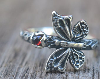Monarch Butterfly Ring, Oxidised Finish, Recycled 925 Silver, 3mm Rose Cut Red Garnet Stone, Unique Nature Jewellery