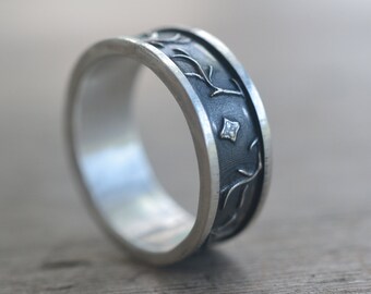 Thorn Wedding Band, Oxidised Sterling Silver Moon & Star Ring, Personalised Male Marriage Band, Unique Artisan Nature Jewellery