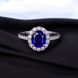 Lab Created Sapphire Ring Oval Halo Setting | 925 Sterling Silver Engagement Ring | September Birthstone Ring | Blue Gemstone Promise Ring