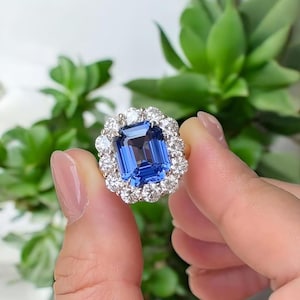 Emerald Cut Lab Sapphire Ring: CZ Diamond Halo, Sterling Silver Shiny Blue Sapphire