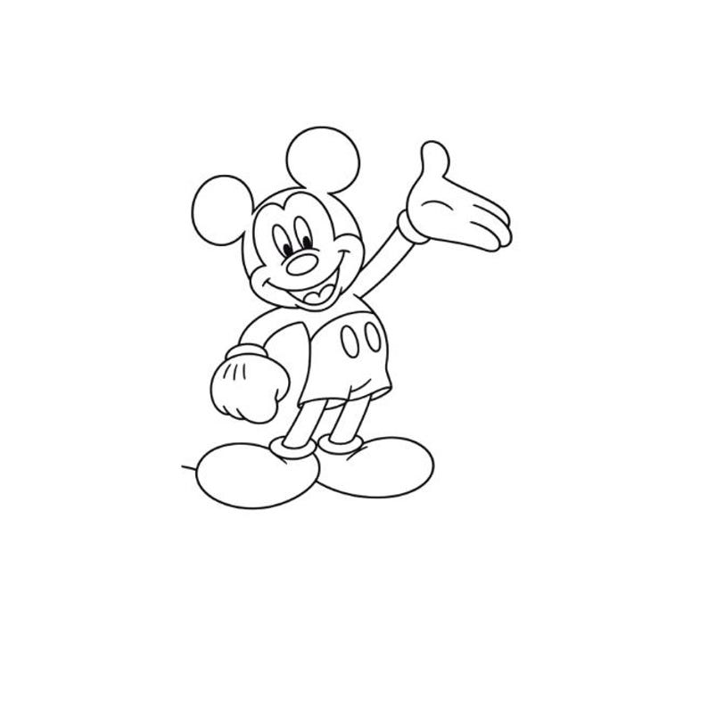 May include: Black and white line art illustration of Mickey Mouse, a cartoon character. Mickey Mouse is smiling and waving with one hand, wearing white gloves, shorts, and shoes. The image is on a white background.