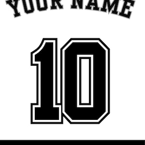 Puede incluir: Diseño gráfico blanco con el texto "YOUR NAME" en gris y negro sobre el número "10" en negro con contorno blanco. La parte inferior del diseño incluye el texto "PNG - JPG - SVG" en blanco sobre fondo negro.