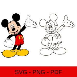 May include: A digital illustration of Mickey Mouse in colour and line art. The colour version features Mickey with black ears, arms, and a tail, red shorts with yellow buttons, yellow shoes, and white gloves. The line art version is a black and white outline.