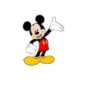 May include: A cartoon illustration of Mickey Mouse, a cheerful character with black ears, a black body, red shorts, yellow shoes, and white gloves. He is smiling and waving with one hand, set against a white background.