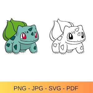 May include: A digital illustration featuring two versions of a creature: one in full color with a light blue body, red eyes, and a green bulb on its back, and a second version in black and white line art. The text PNG - JPG - SVG - PDF is below.