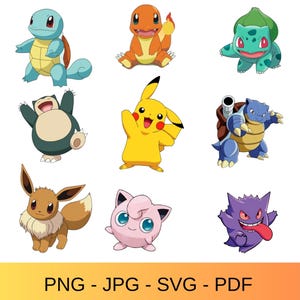 Pode incluir: Uma coleção de nove ilustrações de personagens de desenhos animados com Squirtle, Charmander, Bulbasaur, Snorlax, Pikachu, Blastoise, Eevee, Jigglypuff e Gengar. O texto PNG - JPG - SVG - PDF é exibido na parte inferior da imagem.