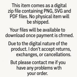 May include: Text on a cream background detailing digital product information. It specifies a digital zip file with PNG, SVG, and PDF files, with no physical item shipped. It also mentions file availability after payment and the no-return policy.