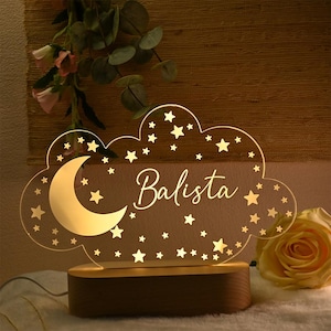 Custom Name Night Light for Kids, Cloud Moon and Stars Nursery Lamp, Personalized Baby Toddler Bedroom LED Light, Baby Shower Gift