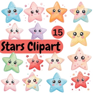 Puede incluir: Una colección de quince ilustraciones de clip art de estrellas coloridas. Cada estrella tiene un color único y una cara sonriente y linda. El texto "Stars Clipart" se muestra en una pancarta roja.