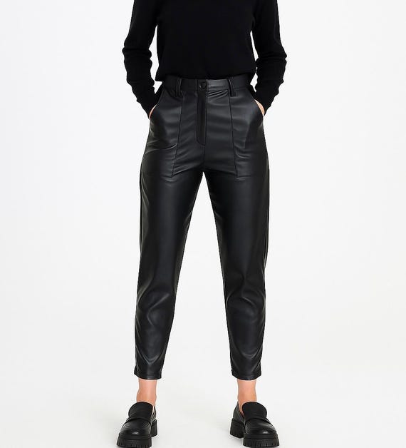 Women's Handmade Black Faux Leather Pants, Women Straight Leg High