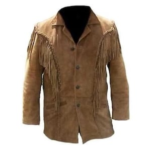 New Western Jacket Suede, Handmade Western Suede Leather Mountain, Men Western Fringed Suede Coat, Conchos Brown Jacket, Cowboy Brown Jacket