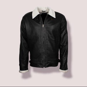 Men’s Black Handmade Distressed Buker Leather Jacket, Custom Leather Jacket For Men, Mens Shearling Leather Bomber Jacket, Shearling Collar
