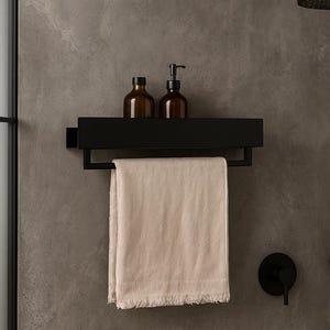 Towel Rack With Shelf, Wall Mounted Towel Rack, Matte Black Towel Rack, Modern Bathroom Shelf, Shelf With Towel Bar,Black Metal Towel Holder