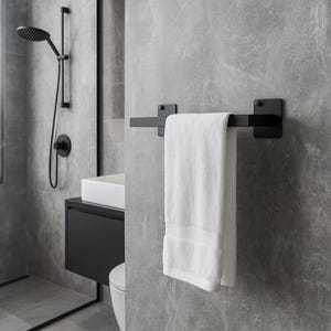 Modern towel rack wall mounted, Matte black towel bar, Minimalist bathroom towel holder, Stainless steel towel rail for wall