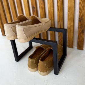 Modern shoe rack for entryway, Metal shoe shelf organizer, Black shoe rack for closet, Small 2 tier shoe stand, Compact shoe storage