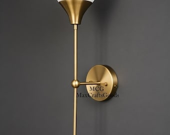 Modern Brass Wall Sconce with White Globe – Mid Century Vanity Light – Bathroom Wall Lamp