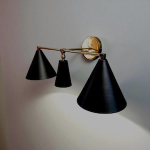 Modern Brass Vanity Light Fixture | Black Cone Wall Sconce for Bathroom or Kitchen | Mid Century Wall Lighting | Minimalist Light Decor.