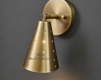 Modern Brass Wall Sconce with Perforated Shade | Sculptural Gold Wall Light | Minimalist Bedroom Lighting