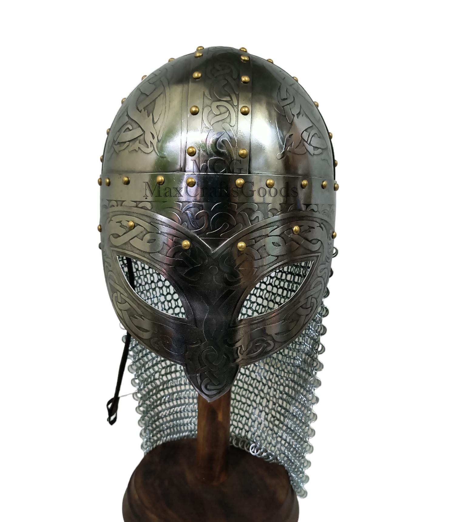 Handmade Etched Viking Gjermundbu Helmet: 18 Gauge Steel