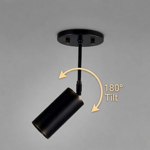 Op de afbeelding: Een zwarte cilindrische plafondspot met een kantelfunctie van 180 graden. De armatuur heeft een cirkelvormige basis en een lange, verstelbare arm. De tekst "180° Tilt" wordt in de buurt van het licht weergegeven.