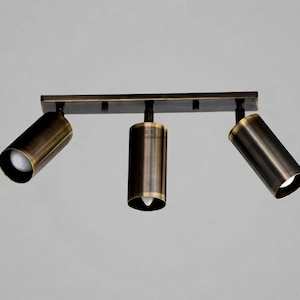 May include: A bronze-coloured, three-light track lighting fixture. The cylindrical light heads are adjustable and mounted on a rectangular bar. The fixture is designed for directional lighting.