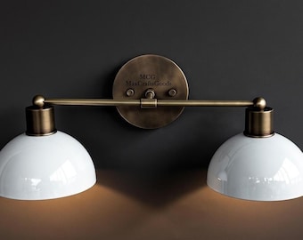 Brass Vanity Light | Mid-Century Modern Double Wall Sconce | Bathroom Fixture with 3 shade