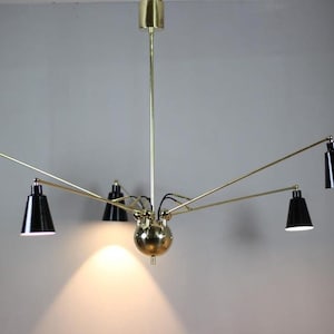 Mid-Century Modern Brass Chandelier: Adjustable Five-Arm Starburst Pendant