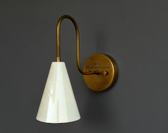 Brass Wall Sconce | Mid Century Modern White Cone Bedside Lamp