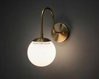 Mid Century Wall Sconce | Brass Wall Lamp with Glass Globe | Bedroom Lighting