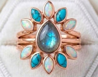 925 Silver 14k Rose Gold Pear Cut Labradorite Engagement Ring Set, Opal & Turquoise Sunburst Halo, Boho Bridal Set Vintage Floral Bezel Ring