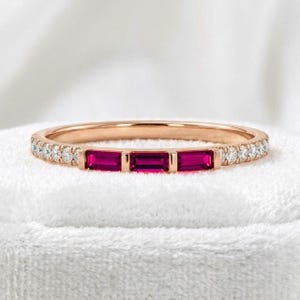 Baguette Ruby & Moissanite Ring, 925 Silver 14K Rose Gold Half Eternity Band, Dainty Stacking Ring, Minimalist Wedding Band