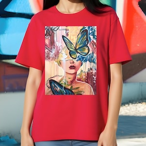 Camiseta extragrande para mujer "La Dama y la Mariposa", de algodón, 220 g/m², cómoda, estampada, colorida, ideal como regalo de cumpleaños.