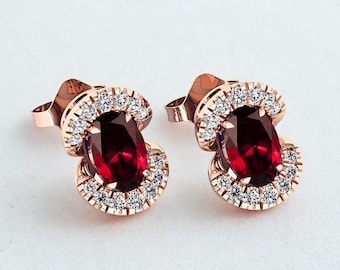Oval Red Garnet 14k Rose Gold Over 925 Silver Stud Earrings