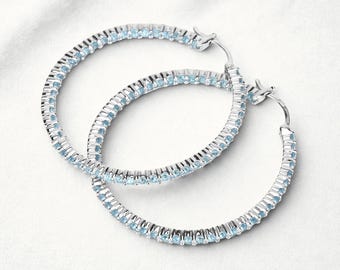 Swiss Blue Topaz Hoop Earrings: 925 Silver Rhodium Birthday Gift