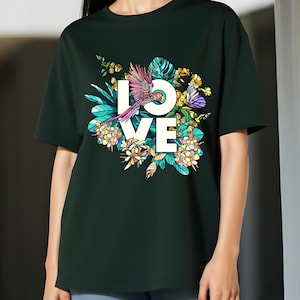 Love, Floral Typography Oversized Women&#39;s T-Shirt Cotton T-Shirt, 220 GSM Comfort Wear T-Shirt, Print T-Shirt Colorful T-Shirt Birthday Gift