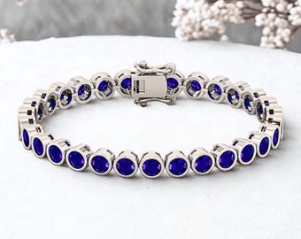 Bracciale tennis con zaffiro blu: argento 925, placcato rodio, gioiello da polso