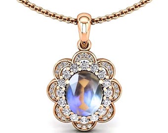 May include: Rose gold pendant necklace featuring a flower-shaped design. The pendant has a central oval-cut gemstone surrounded by small, sparkling white stones. The necklace chain is delicate and also rose gold.
