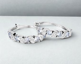 Swiss Blue Topaz & White Topaz Hoop Earrings: 925 Silver Rhodium Birthday Gift