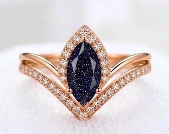 Marquise Blue Sandstone Bridal Set, 925 Silver 14k Rose Gold Geometric Wedding Ring, Moissanite Halo Engagement Ring & Chevron Band Set