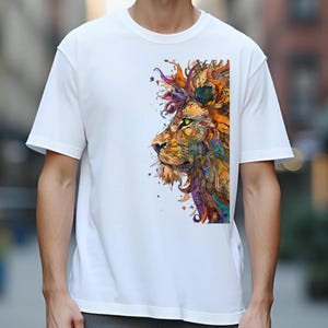Colorful Lion Men&#39;s T-Shirt, Cotton T-Shirt 220 GSM Comfort T-Shirt Print Colorful T-Shirt Birthday Gift Cotton Apparel Loose Fit T-Shirt