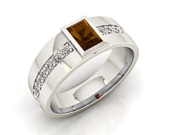 Anello da uomo con quarzo fumé baguette e moissanite: argento 925, fascia placcata rodio