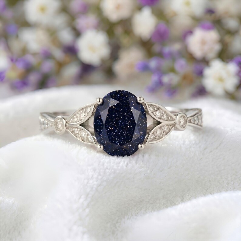 Art Deco Blue Sandstone Ring: 925 Silver, Moissanite Accents Engagement ...