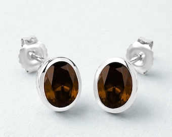 Smoky Quartz Stud Earrings: 925 Silver Rhodium Plating, Solitaire Earrings