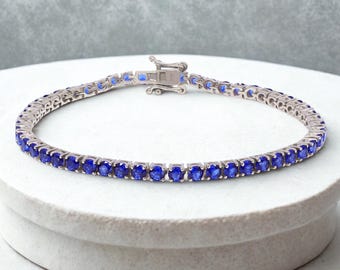 Bracciale tennis con zaffiro blu: argento 925, placcato rodio, gioielli da polso